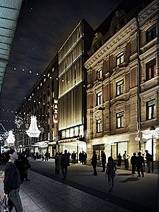 Keskellä Maxim iltavalaistuksessa. Oikealla Grönqvistin talo. Kuva: SARC Arkkitehtitoimisto.